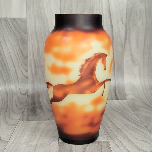Unbranded Other - Cameo Acid Etched Vase Horse Motif Art Nouveau Style Art Glass Amber Color 10"